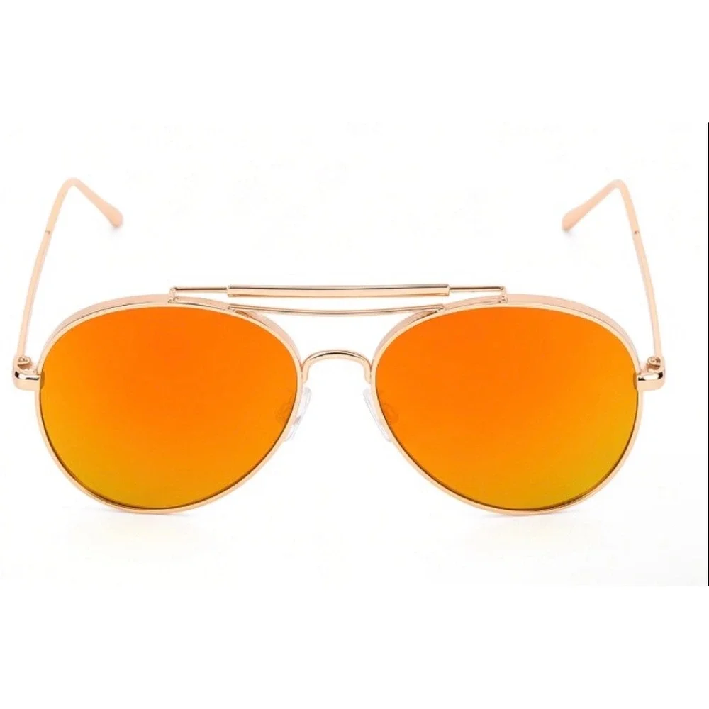 Women Gold Sunglasses Orange Mirrored Lens Double Bridge Flat Top Retro Luxury